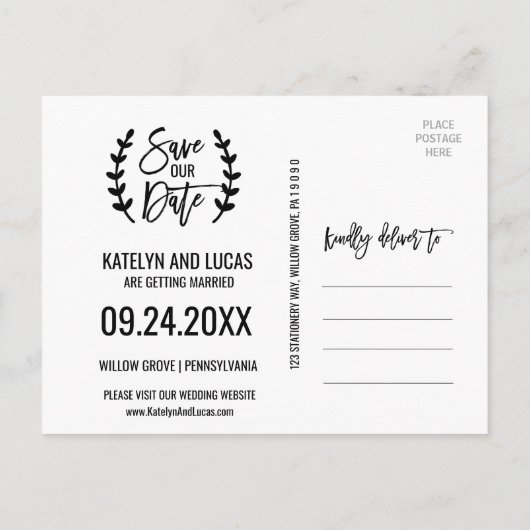 シックな白い黒のオリーブの枝救の私たちの日付 案内ポストカード (裏面)