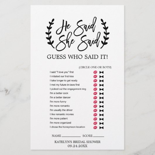 シックな白い黒の枝"彼は彼女が言った"ゲーム チラシ (正面)