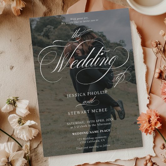 シックな白い黒2枚の写真の書道結婚の写真 招待状