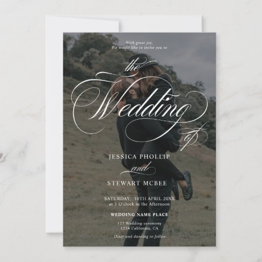 シックな白い黒2枚の写真の書道結婚の写真 招待状 (正面)