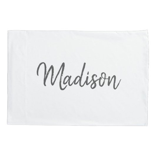 シックな白とグレーのブラシ付きスクリプトモノグラム名 枕カバー (裏面)