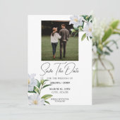 シックな白と緑のジャスミン写真日付を保存 セーブザデート (スタンド正面)