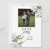 シックな白と緑のジャスミン写真日付を保存 セーブザデート (裏面)