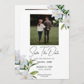 シックな白と緑のジャスミン写真日付を保存 セーブザデート (正面/裏面)