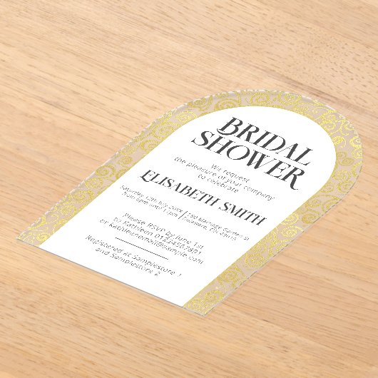 シックな白と金ゴールドフローリッシュウィンターブライダルシャワー アクリル招待状 (レイダウン)