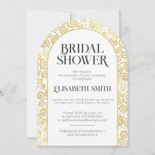 シックな白と金ゴールドフローリッシュウィンターブライダルシャワー 招待状 (正面)