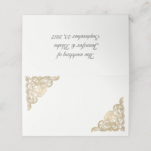 シックな白と金ゴールド結婚の折り畳み座席表 プレイスカード (外部開封)