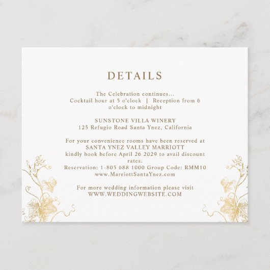 シックな白と金ゴールド葉ギルド結婚詳細 エンクロージャーカード (正面)