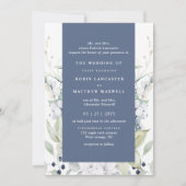 シックな白と青のフローラ結婚ズ、海軍 招待状 (正面)