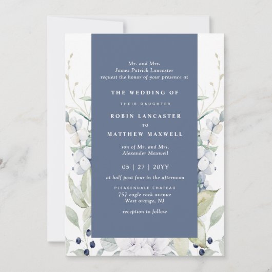 シックな白と青のフローラ結婚ズ、海軍 招待状 (正面)