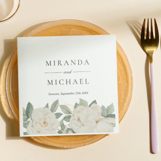 シックな白のバラ花の植物性モノグラム スタンダードカクテルナプキン