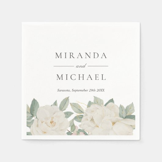 シックな白のバラ花の植物性モノグラム スタンダードカクテルナプキン (正面)