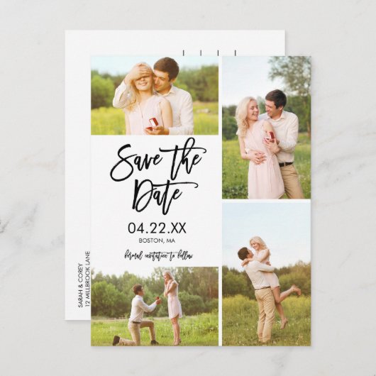 シックな白の日付を保存4-Photoコラージアナウンセム 案内ポストカード (正面/裏面)