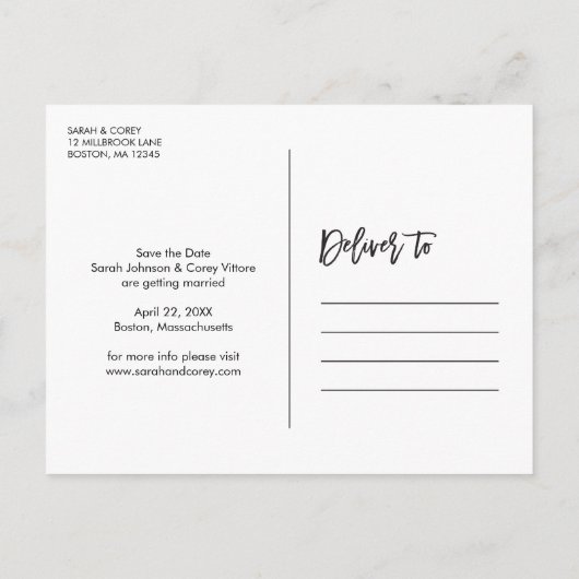 シックな白の日付を保存4-Photoコラージアナウンセム 案内ポストカード (裏面)