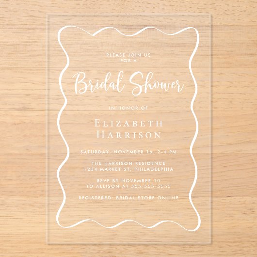 シックな白の波状フレームブライダルシャワー アクリル招待状 (正面)