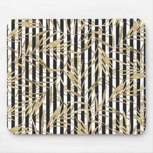 シックな白黒のストライブ柄のフェイクな金ゴールドの熱帯花柄 マウスパッド (正面)