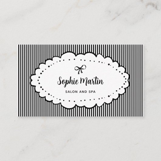 シックな白黒のストライプと弓 | QRコード 名刺 (正面)