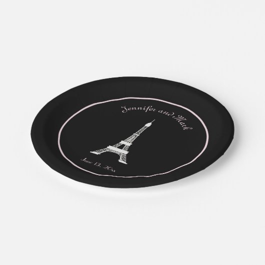 シックな白黒のピンクのフランス人のエッフェル塔の結婚式 ペーパープレート (アングル)