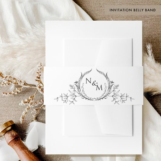 シックな白黒の手結婚描きモノグラム 招待状ベリーバンド