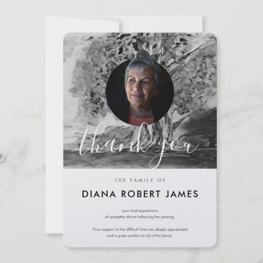 シックな白黒の木の写真悔やみや弔慰 サンキューカード (正面)