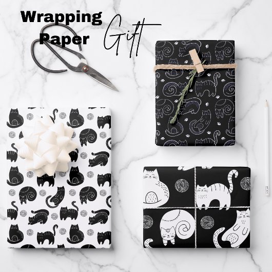 シックな白黒の猫ミニマルモダン主義ネコ ラッピングペーパーシート