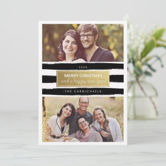 シックな白黒の金ゴールドの写真の休日カード シーズンカード (スタンド正面)