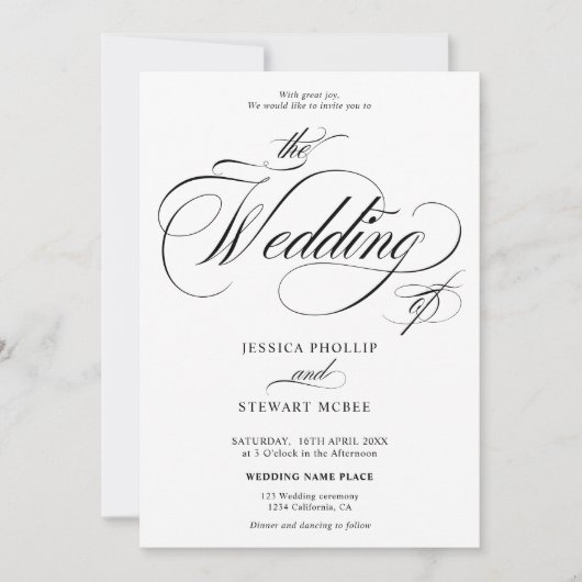 シックな白黒を一つの書道結婚にまとめ 招待状 (正面)