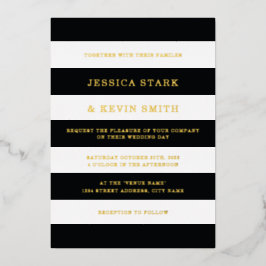 シックな白黒ストライプの結婚金ゴールド 箔招待状