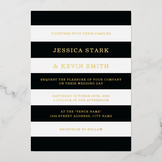 シックな白黒ストライプの結婚金ゴールド 箔招待状 (正面)