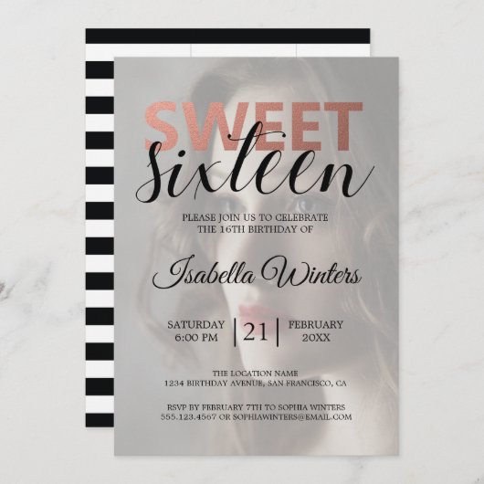 シックな白黒ストライプズピンクスイート16写真 招待状 (正面/裏面)