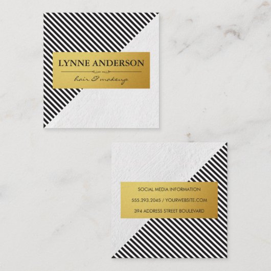 シックな白黒ストライプフェイクメタリック金ゴールド スクエア名刺 (正面/裏面)