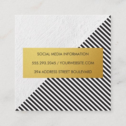 シックな白黒ストライプフェイクメタリック金ゴールド スクエア名刺 (裏面)