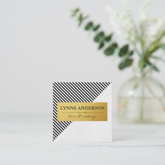 シックな白黒ストライプフェイクメタリック金ゴールド スクエア名刺 (スタンド正面)