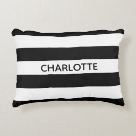 シックな白黒ストライプ名前をカスタムするモノグラム アクセントクッション