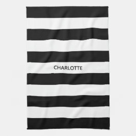 シックな白黒ストライプ名前をカスタムするモノグラム キッチンタオル