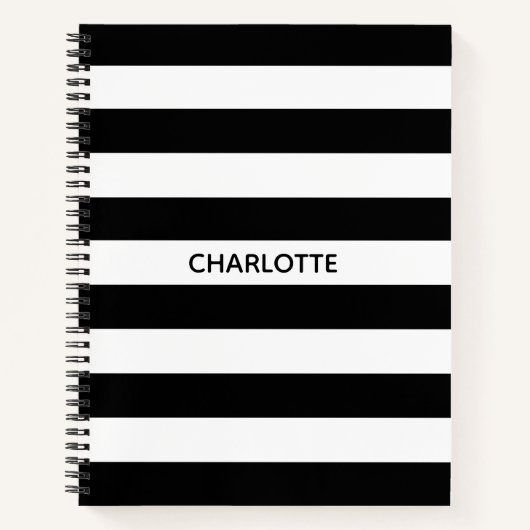 シックな白黒ストライプ名前をカスタムするモノグラム ノートブック (正面)