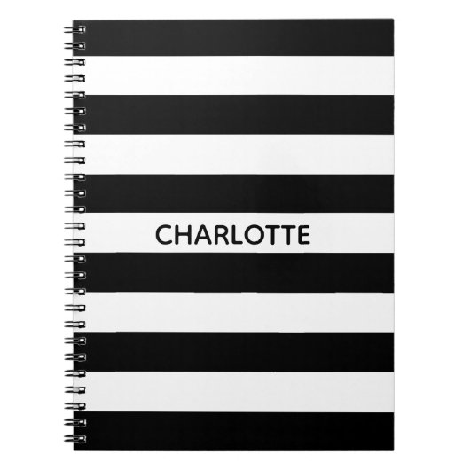シックな白黒ストライプ名前をカスタムするモノグラム ノートブック (正面)
