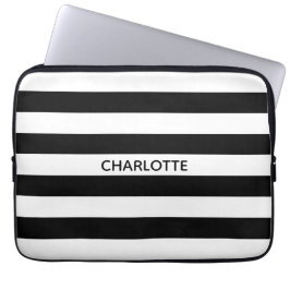 シックな白黒ストライプ名前をカスタムするモノグラム ラップトップスリーブ