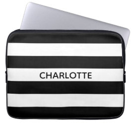 シックな白黒ストライプ名前をカスタムするモノグラム ラップトップスリーブ