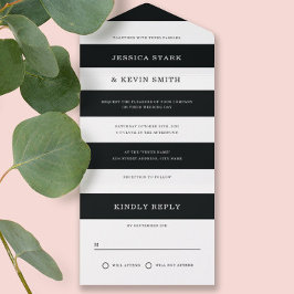 シックな白黒ストライプ結婚の オールインワン招待状