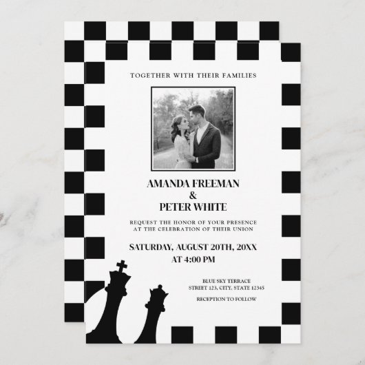 シックな白黒フォトパター市松模様にンのパタ結婚ーン 招待状 (正面/裏面)