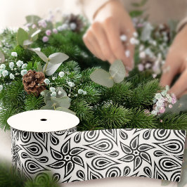 シックな白黒フローラペイズリー花柄 サテンリボン