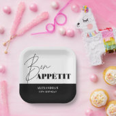 シックな白黒ボンアペティスクリプト誕生日 ペーパープレート (パーティー)