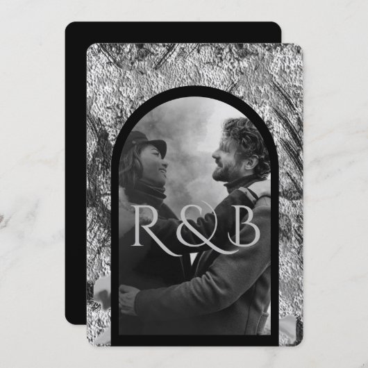 シックな白黒マウンテンズアーキフォトズ結婚ーズ 招待状 (正面/裏面)