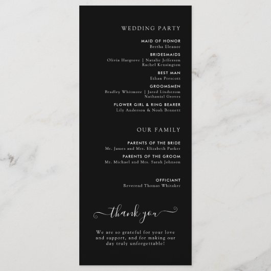シックな白黒ミニマル結婚リスト式 プログラム (裏面)
