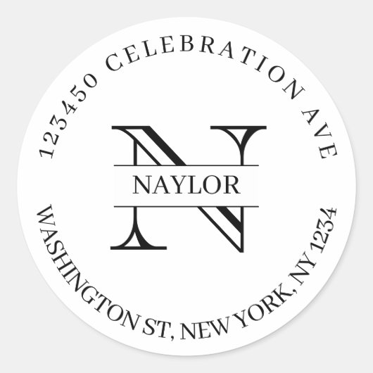 シックな白黒モノグラム名差出人住所 ラウンドシール (正面)