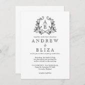 シックな白黒モノグラム結婚クレスト 招待状 (正面/裏面)