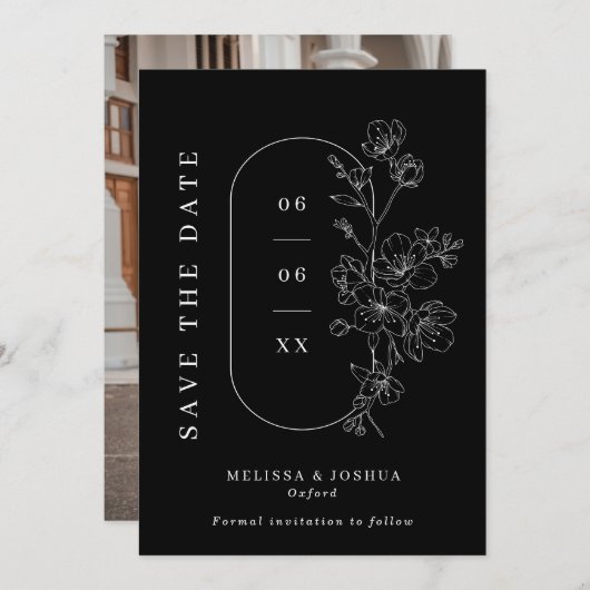 シックな白黒ライン描フローラ写真結婚の セーブザデート (正面/裏面)