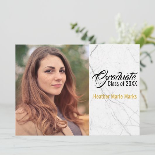 シックな白黒大理石金ゴールド写真卒業 招待状 (スタンド正面)