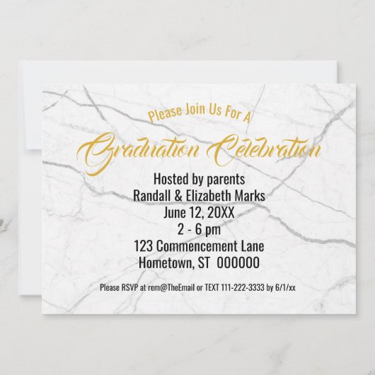 シックな白黒大理石金ゴールド写真卒業 招待状 (裏面)